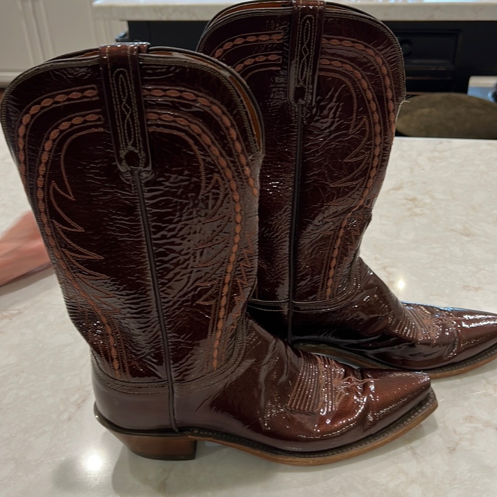 Lucchese brown patent leather boots. Size 9B.